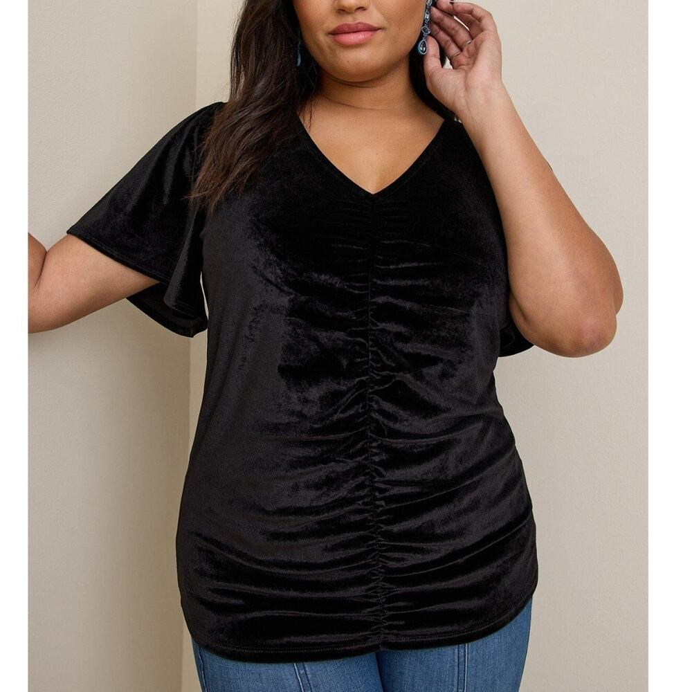 Torrid Women Black Velvet Top Plus Size 3X Stretch Shirred-Front Whimsygoth Vamp